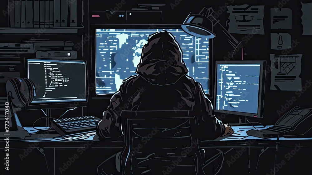 Poster hacker with a hoodie sits in a dark room, typing malicious code on a computer committing cybercrime