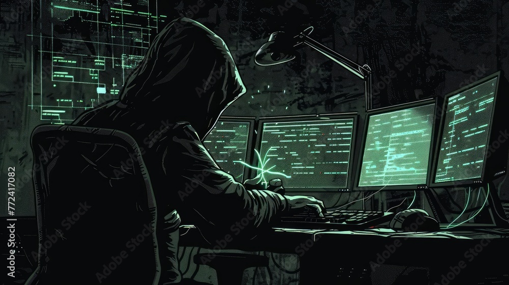 Poster hacker with a hoodie sits in a dark room, typing malicious code on a computer committing cybercrime