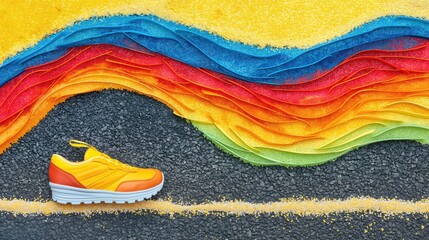 An orange shoe rests on asphalt near a rainbow