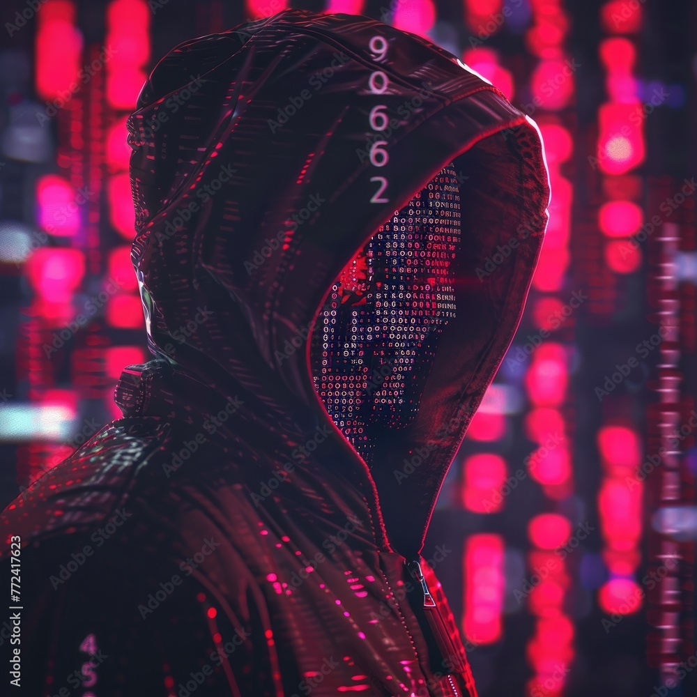 Poster hacker with a hoodie sits in a dark room, typing malicious code on a computer committing cybercrime
