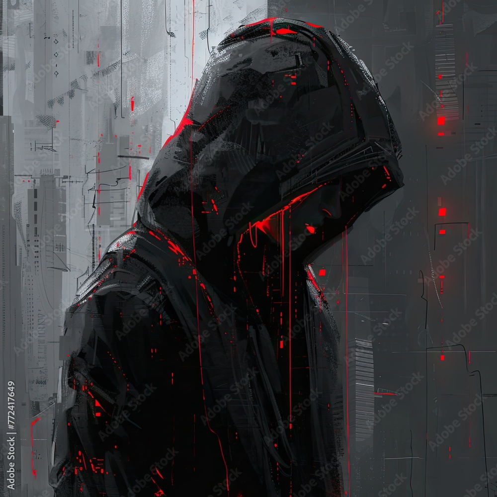 Aufkleber hacker with a hoodie sits in a dark room, typing malicious code on a computer committing cybercrime
