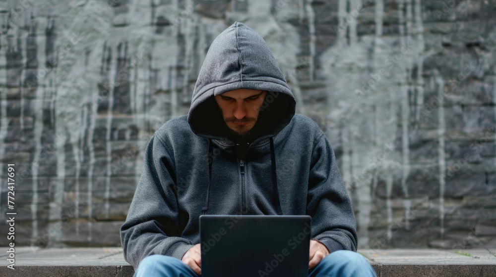 Poster hacker with a hoodie sits in a dark room, typing malicious code on a computer committing cybercrime