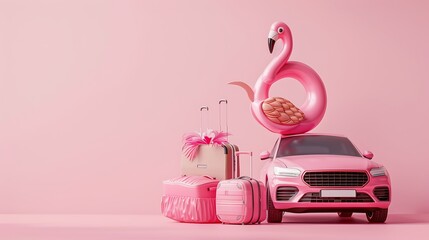 Pink Flamingo float tropical bird shape inflatable swimming pool ring with luggage put on the car on pastel pink background