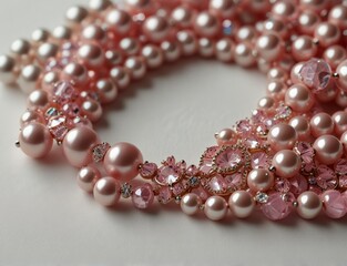 beads, pearls, rhinestones, in a rosy white background