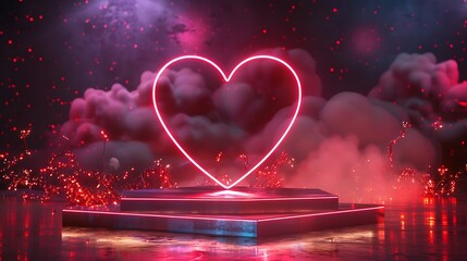 platform valentine day background with pink, red, white chamber platform gleam neon heart shape setting - obrazy, fototapety, plakaty