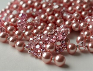 beads, pearls, rhinestones, in a rosy white background