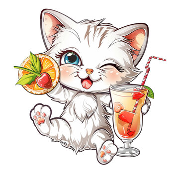 Cheerful cute white cat with a cocktail in his hands. Sticker, t-shirt design.