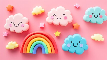 Rainbow erasers with smiling clouds on color background