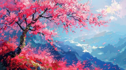 Obraz na płótnie Canvas In expressive brushstrokes, this painting captures a stunning cherry blossom tree in full bloom beside a tranquil mountain lake.