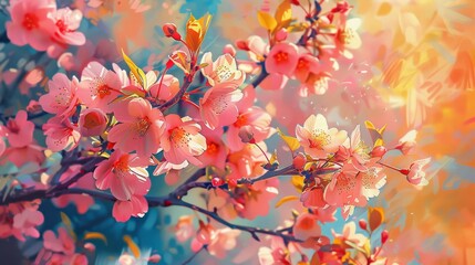 Delicate sakura blossoms bloom in vibrant colors, bathed in the warm, soft light of spring.
