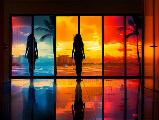triptych A striking image of a woman's silhouette against a colorful urban sunset, evoking a sense of contemplation
