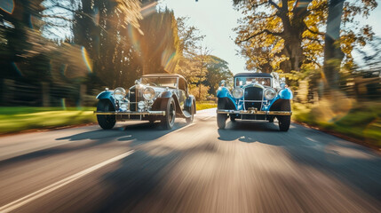 Classic car rally, vintage models overtaking on country roads, timeless motion captured dynamically