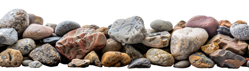 Fototapeta na wymiar Shining pebbles in riverbed isolated on white background