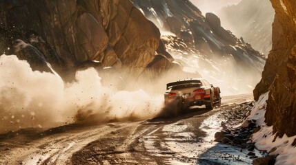 Canyon duel, rally cars overtaking on narrow roads, dust and gravel frozen in dynamic action - obrazy, fototapety, plakaty