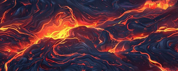 Lava flows in a volcanic region, glowing reds and oranges for an RPG challenge