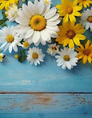 Obraz premium Floral arrangement of white daisies and yellow flowers scattered on a vibrant blue wooden background