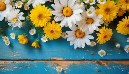 Floral arrangement of white daisies and yellow flowers scattered on a vibrant blue wooden background - Powered by Adobe