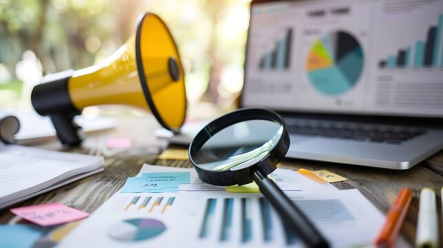 Resume profile for job interview on pc with Megaphone loudspeaker and magnifying