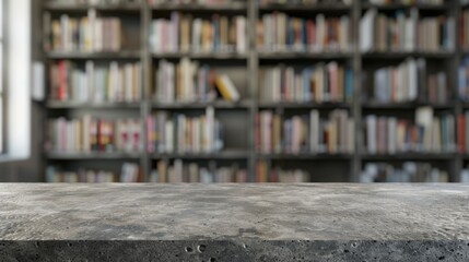 Stone table top with copy space. Library background