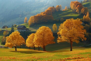 Golden lark trees in autumn in switzerland