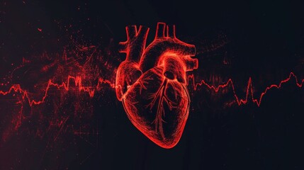 human heart shape with red cardio pulse line. Creative stylized red heart cardiogram with human heart on black background. Health, cardiology, cardiovascular diseases - obrazy, fototapety, plakaty