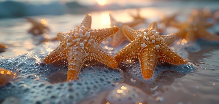 A vibrant image capturing multiple starfish on a beach with the sunrise in the background, water bubbles visible