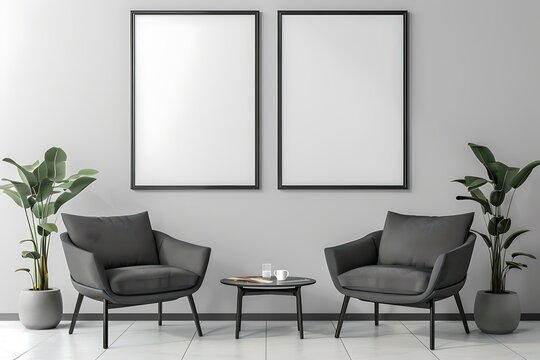 Blank picture frame mockup on white wall. View of modern scandinavian style interior with two vertical templates for artwork, painting, photo or poster