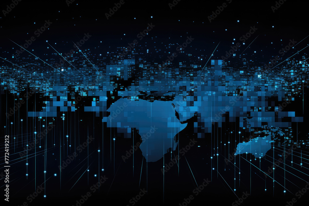 Poster a blue and white image of a city with a large number of dots. the dots are arranged in a way that cr