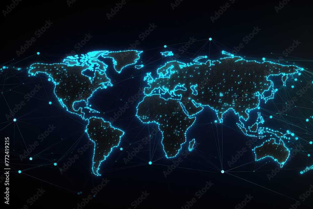 Poster a blue and white globe with a network of lines connecting it. the globe is lit up and he is a repres