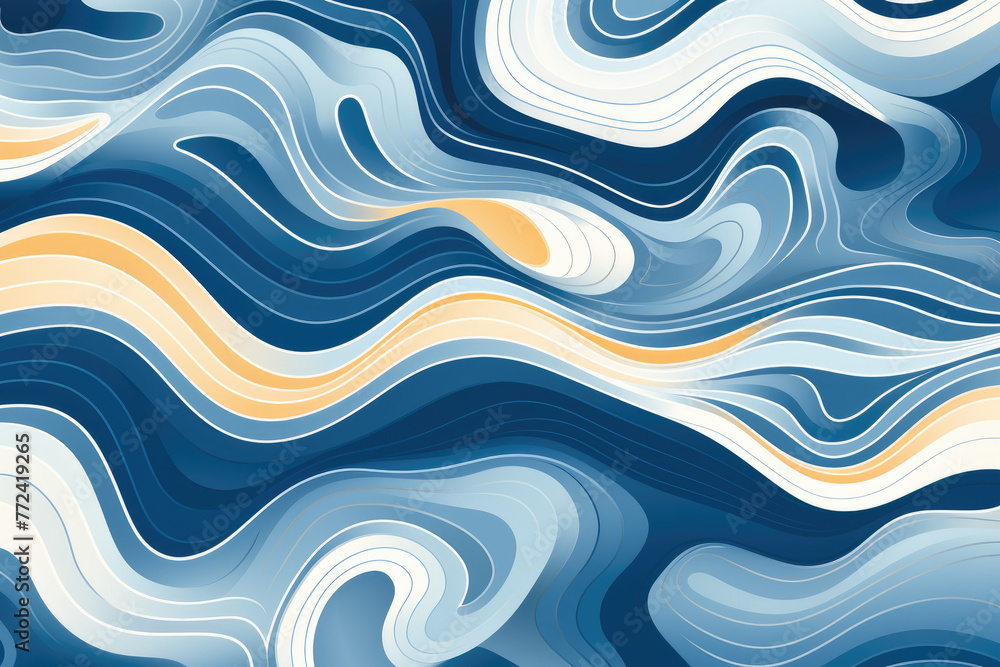 Poster a blue and white wave pattern with orange and yellow accents. the image has a calming and serene moo