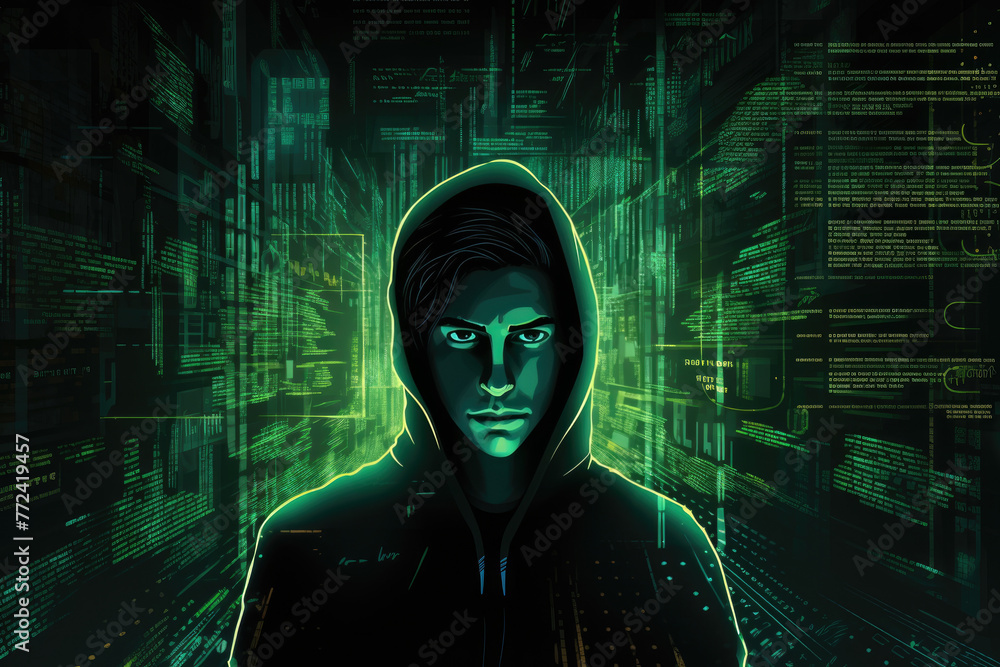 Poster a man in a hoodie is standing in front of a green background with a lot of text