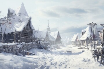 Fototapeta premium Unspoiled Snowy russian village forest. Cold cottage. Generate AI