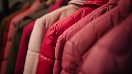 Women's jackets close-up in red and pink colors, hanging on a hanger