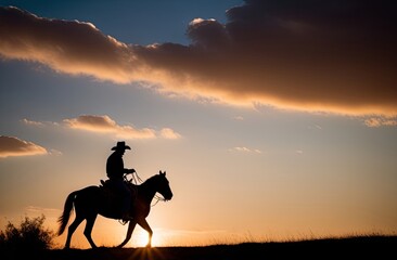 Obraz na płótnie Canvas A cowboy on a horse gallops across the prairie against the backdrop of sunset. Illustration by Generative AI.
