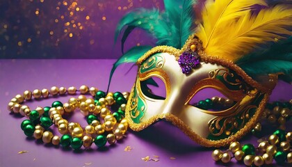  Mardi Gras carnival mask and beads on purple background 