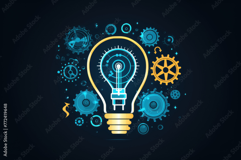 Wall mural a light bulb is surrounded by gears and other mechanical parts. concept of innovation and progress, 