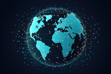 Fototapeta premium A blue and orange globe with a network of lines surrounding it. The globe is the center of the image and the lines are the connections between different parts of the globe