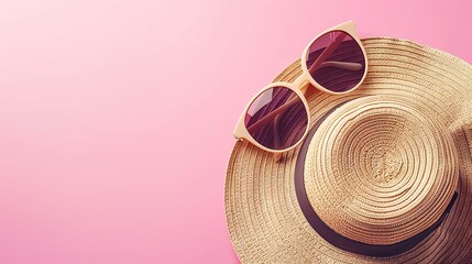 summer accessories concept from sunglasses straw hat on pastel pink background