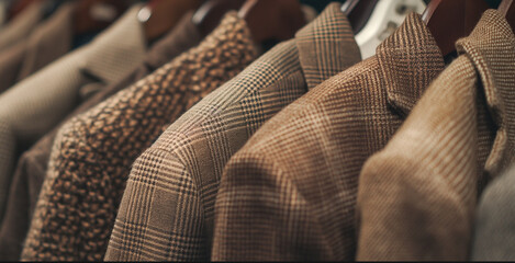 Women's jackets close-up in brown color, hanging on a hanger
