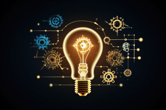 A light bulb is surrounded by gears and other mechanical parts. Concept of innovation and progress, as the light bulb represents a source of new ideas and creativity