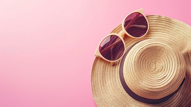 summer accessories concept from sunglasses straw hat on pastel pink background - Powered by Adobe