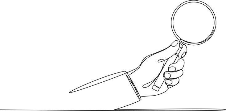 continuous single line drawing of hand holding magnifying glass, line art vector illustration