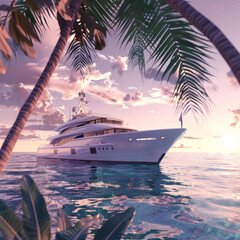 Luxury yacht cruising tropical waters, illustration, 4K - obrazy, fototapety, plakaty