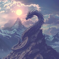 Majestic dragon curled around a mountain peak, illustration, 4K