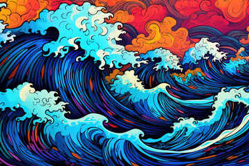 A colorful painting of a wave with a blue ocean background. The painting has a dreamy, calming mood