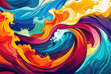 A colorful painting of a wave with a splash of red and yellow. The painting is full of vibrant colors and has a lively, energetic feel to it. The waves seem to be crashing against the shore - obrazy, fototapety, plakaty