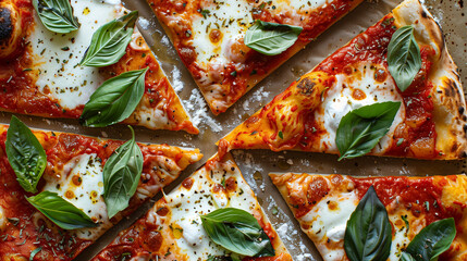 Freshly Baked Margherita Pizza Slices, Topped with Mozzarella Cheese, Basil, and Tomato Sauce