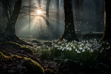 Fotobehang Aromatic Snowdrops forest violet blossom at mountains. Nature flora plant white. Generate Ai © juliars