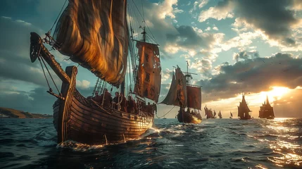 Rolgordijnen 16:9 photo of Viking defenders used sailboats as transportation to attack England and travel to America © jkjeffrey