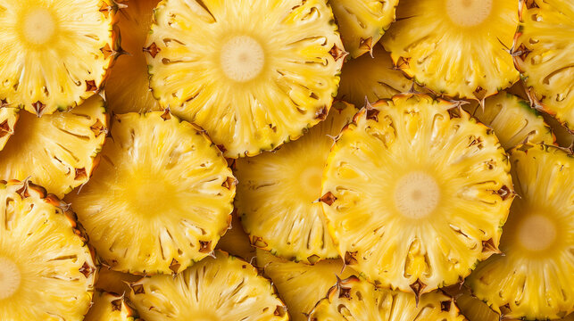 Slices of Pineapple with Juicy Yellow Flesh, Displayed in Overlapping Layers
